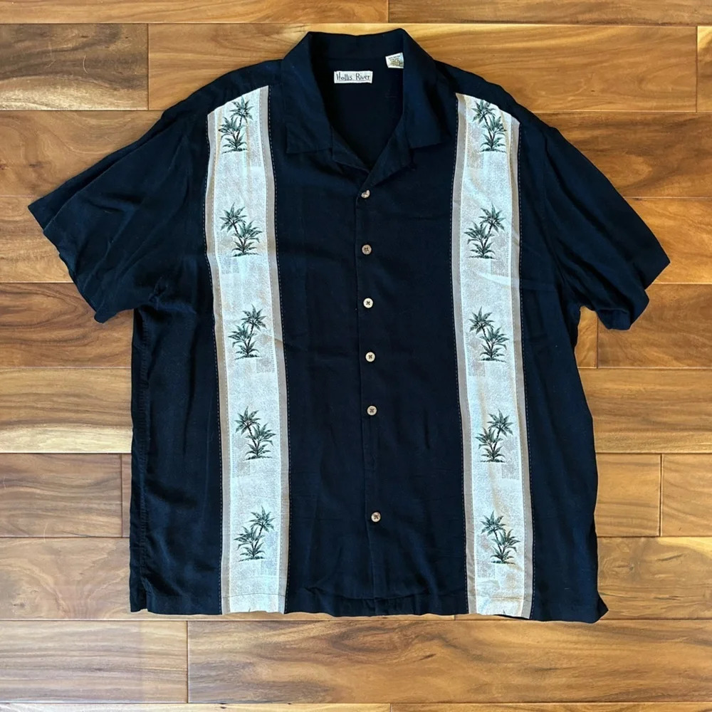 Hollis River Mens Black Cream Short Sleeve Rayon Beach Palm Tree Shirt size 2XL